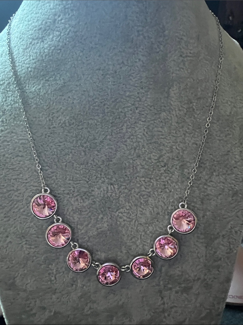 Delicate Pink Crystal Station Necklace in Silver Tone